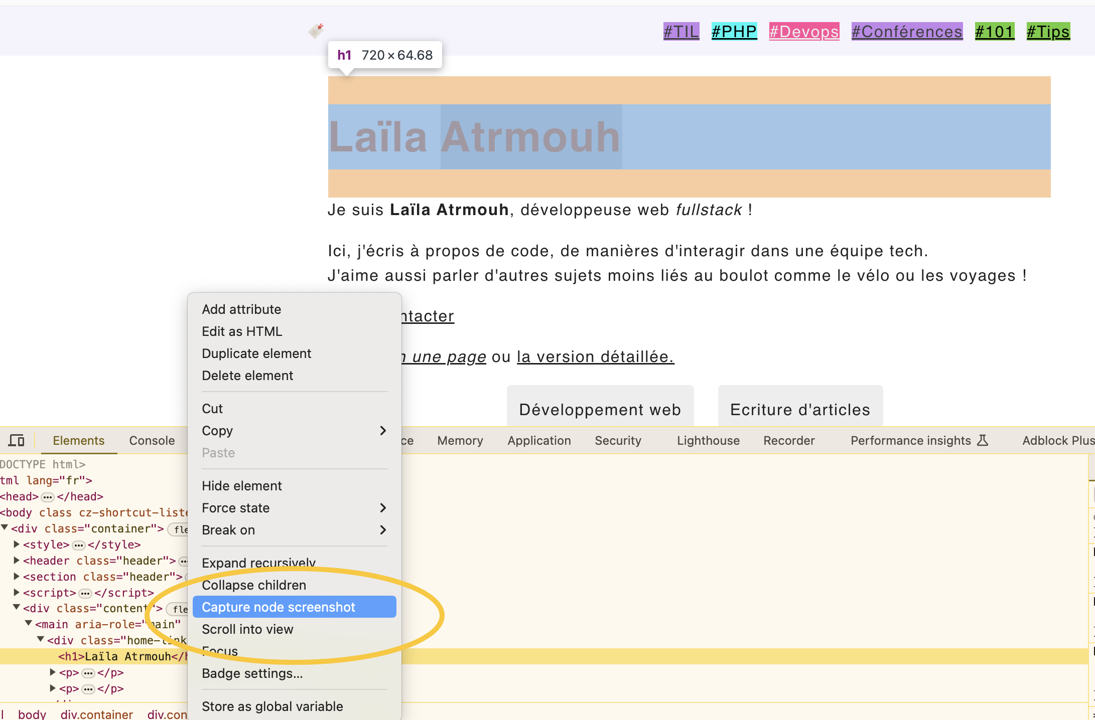 capture d’écran d’un noeud HTML via les devtools